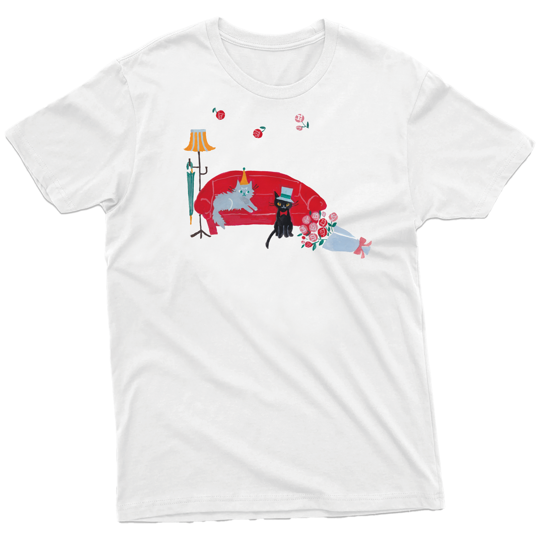 Red Sofa and Cat Mens Japanese T-Shirt -White