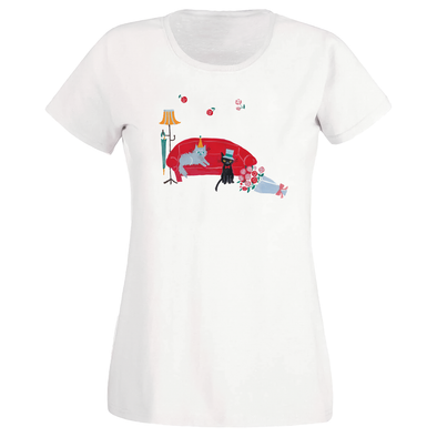 Red Sofa and Cat Women Japanese T-Shirt - White